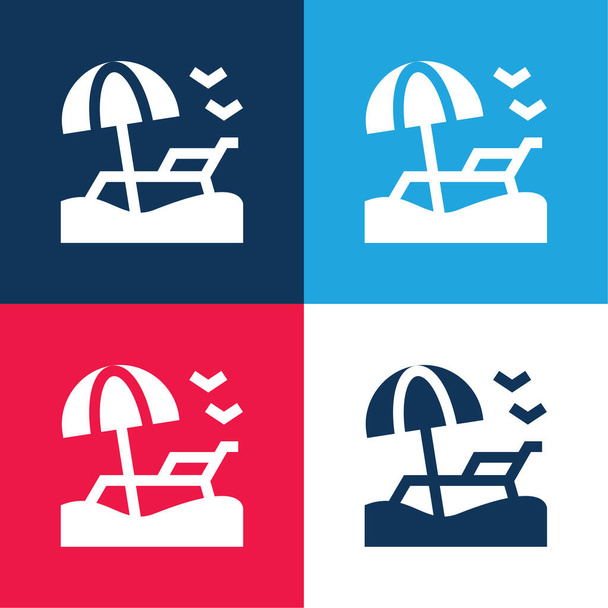 Pláž modrá a červená čtyři barvy minimální ikona nastavena - Vektor, obrázek
