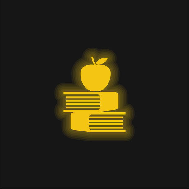 Apple und Bücher gelbes leuchtendes Neon-Symbol - Vektor, Bild
