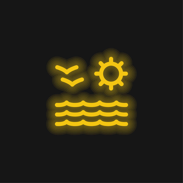 Playa vista de mar sol y gaviotas pareja amarillo brillante neón icono - Vector, imagen