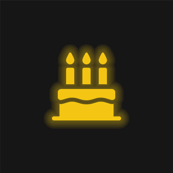 Verjaardagstaart geel gloeiende neon pictogram - Vector, afbeelding