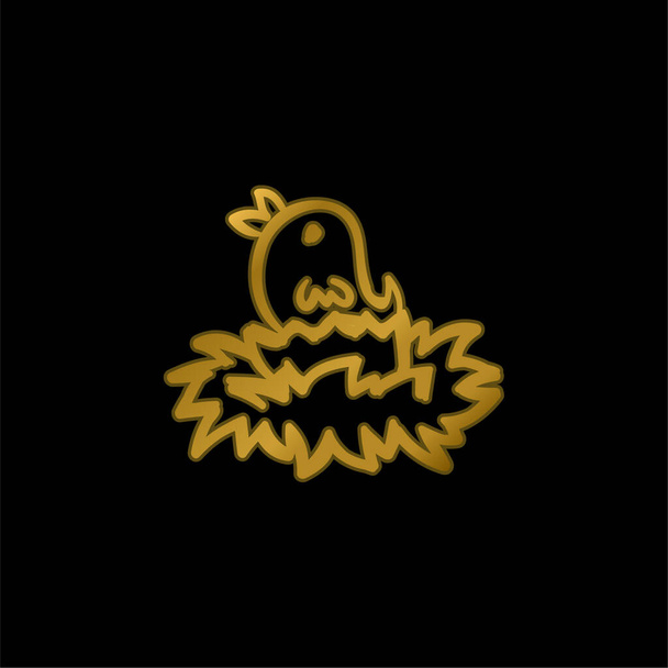 Bird On Nest Hand Drawn Outlined Animal gold plated metalic icon or logo vector - Vector, Image
