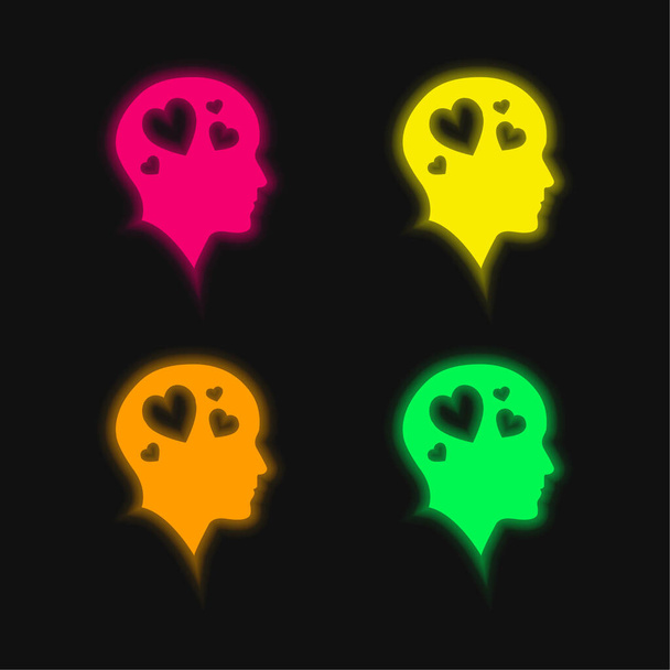4つの心を持つ愛の大胆な頭4色輝くネオンベクトルアイコン - ベクター画像