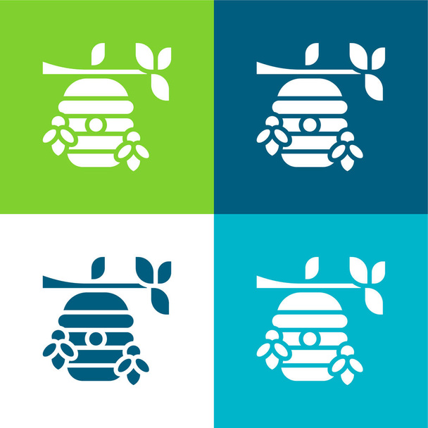 Beehive Επίπεδη τέσσερις χρώμα ελάχιστο σύνολο εικονιδίων - Διάνυσμα, εικόνα