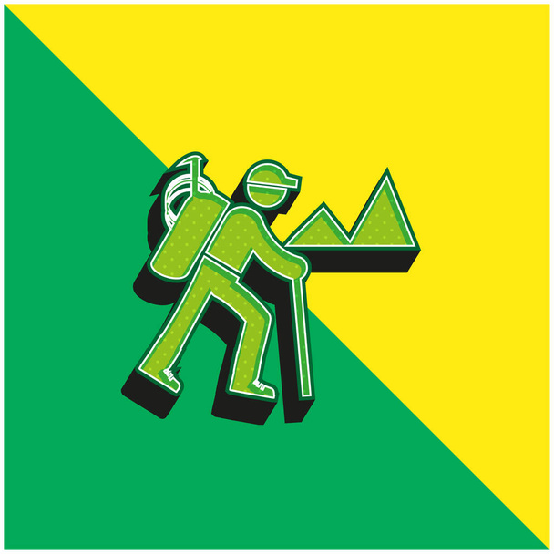 バックパッカーハイキンググリーンと黄色の現代的な3Dベクトルアイコンのロゴ - ベクター画像