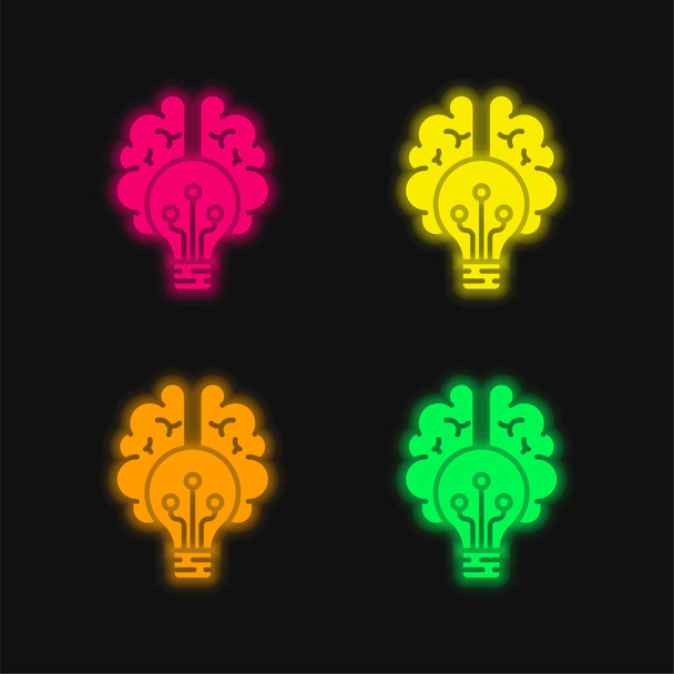 Cérebro quatro cor brilhante ícone vetor de néon - Vetor, Imagem