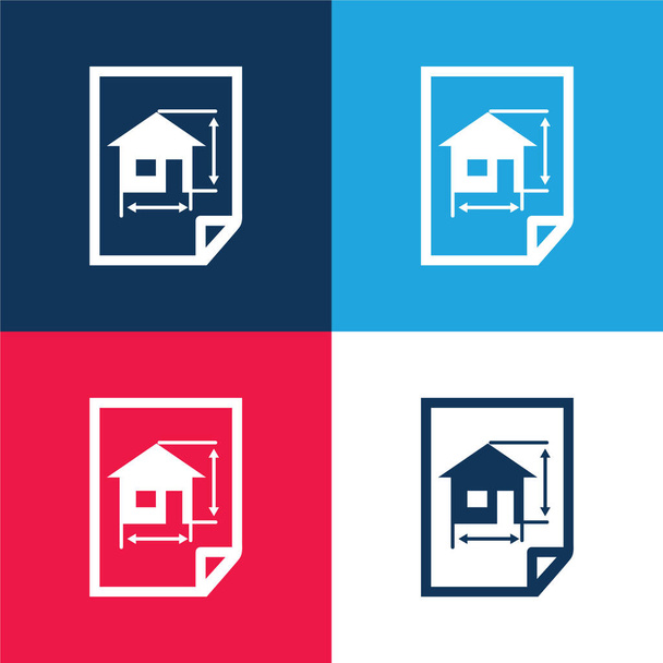 Dibujo de arquitectura de una casa en un papel azul y rojo conjunto de iconos mínimos de cuatro colores - Vector, Imagen