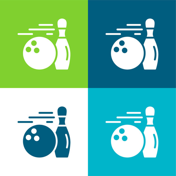 Juego de iconos mínimo de cuatro colores de Bowling Flat - Vector, Imagen