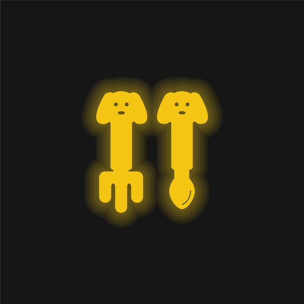 Cucchiaio e forchetta per bambini con icona al neon gialla dal design carino - Vettoriali, immagini