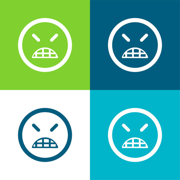 Angry Emoticon kwadratowa twarz z zamkniętymi oczami płaskie cztery kolory minimalny zestaw ikon - Wektor, obraz