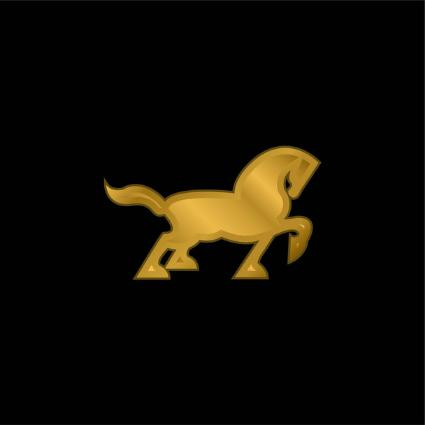 Силуэт большой черной лошади, идущей бок о бок, с таилом и одной ногой вверх, покрытой золотом, с металлическим значком или логотипом - Вектор,изображение