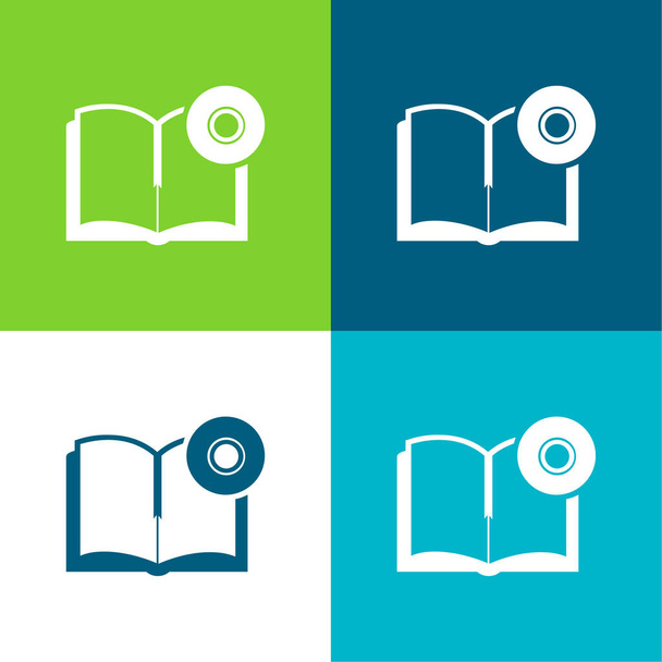Libro y CD plana de cuatro colores mínimo icono conjunto - Vector, Imagen
