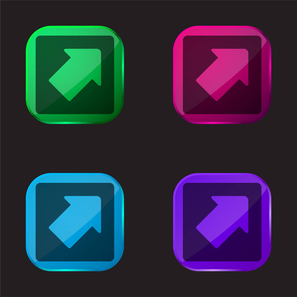 Flèche pointant en haut à droite dans une icône carré de bouton en verre de quatre couleurs - Vecteur, image