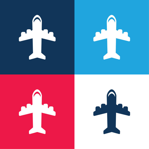 Avión con cuatro motores azul y rojo conjunto de iconos mínimo de cuatro colores - Vector, Imagen