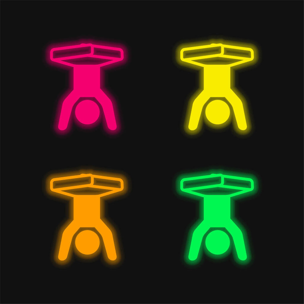 Boy Handstands With Legs Flexed four color glowing neon vector icon - Vector, Image