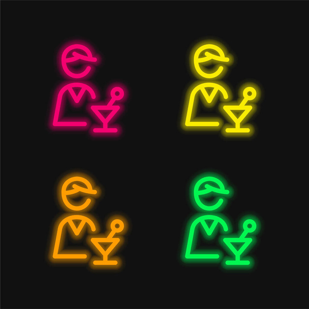 Barman quatre couleur rougeoyante icône vectorielle néon - Vecteur, image