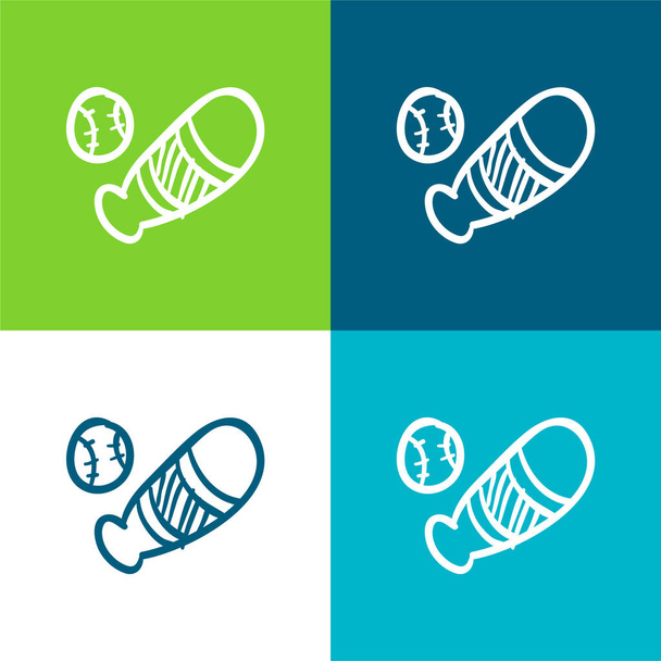 Pallone da baseball e pipistrello piatto quattro colori set icona minima - Vettoriali, immagini
