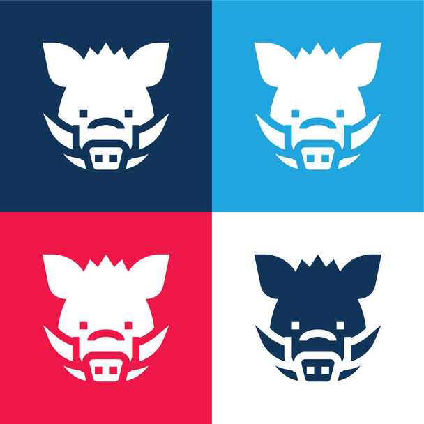 Boar blue and red four color minimal icon set - Vector, Image