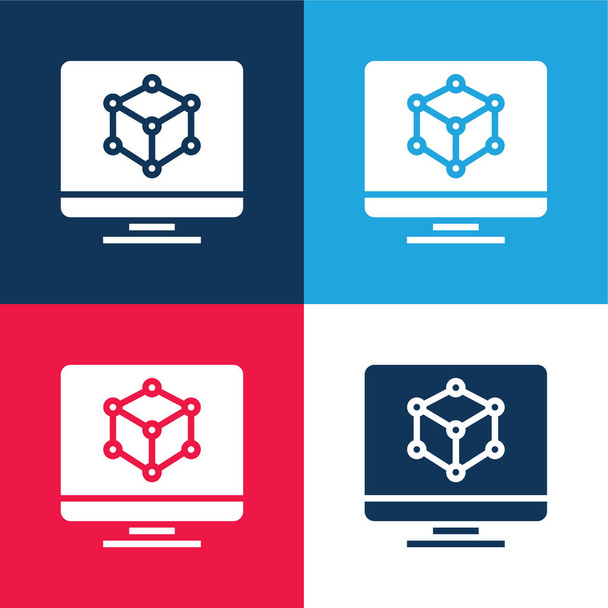 3D modelování modré a červené čtyři barvy minimální ikona nastavena - Vektor, obrázek