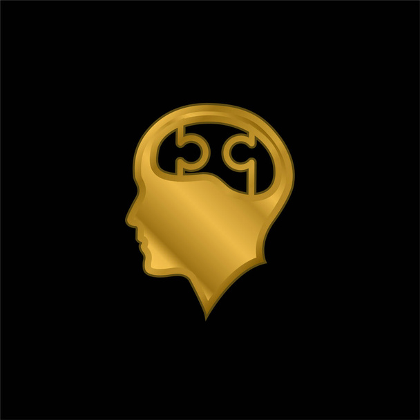 Cabeza calva con rompecabezas cerebro chapado en oro icono metálico o logo vector - Vector, imagen