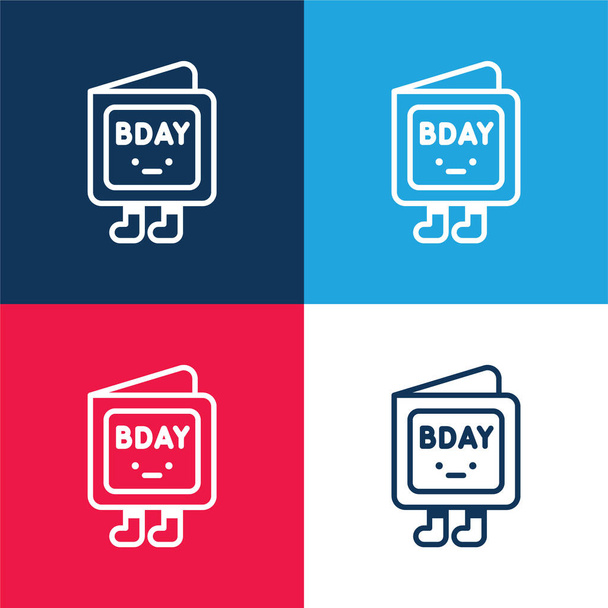 Cumpleaños Invitación azul y rojo de cuatro colores mínimo icono conjunto - Vector, imagen