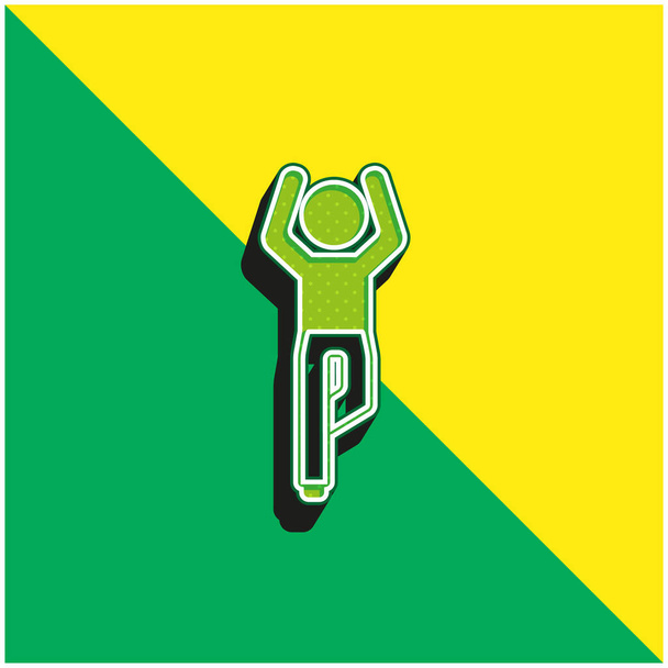 Muchacho Flexining pierna y con los brazos hacia arriba verde y amarillo moderno 3d vector icono logotipo - Vector, Imagen
