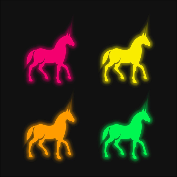 Caballo de raza negra a pie Pose Side View cuatro colores brillante icono de vectores de neón - Vector, imagen