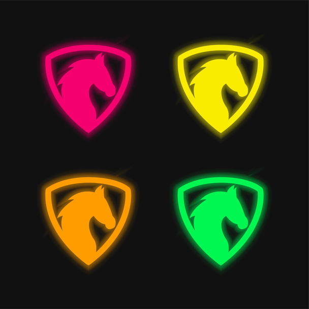Tête de cheval noire dans un bouclier quatre couleurs brillant icône vectorielle néon - Vecteur, image