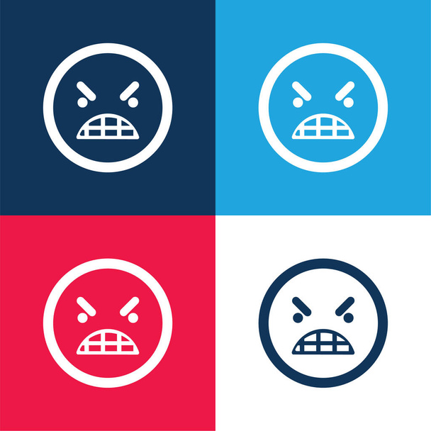 Emoticono de ira Cara cuadrada azul y rojo conjunto de iconos mínimo de cuatro colores - Vector, imagen