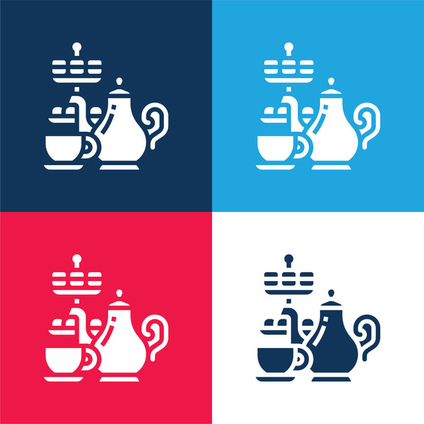 Après-midi thé bleu et rouge quatre couleurs minimum icône ensemble - Vecteur, image
