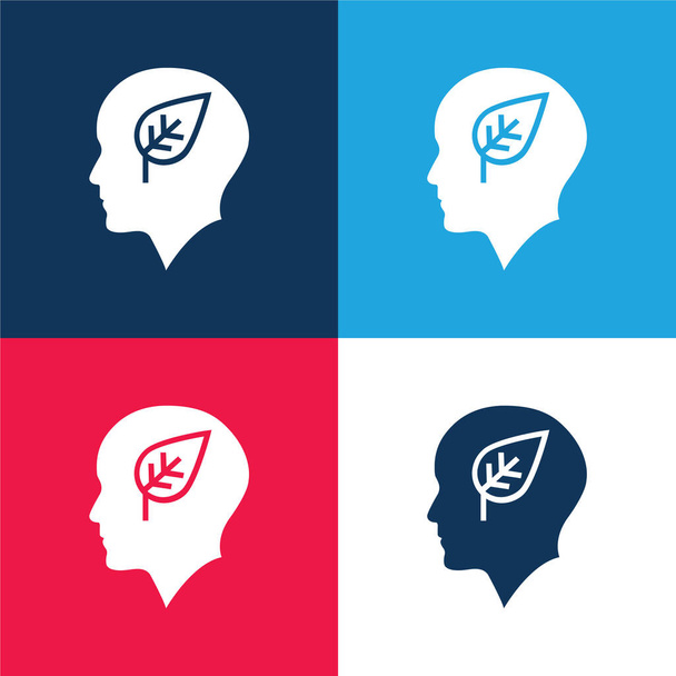 Bald Head With Leaf blue and red four color minimal icon set - Vector, Image