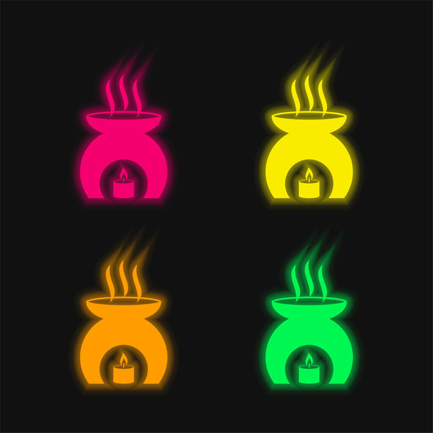Aromatherapy Tool With A Burning Candle Heating Fragrance Oil four color glowing neon vector icon - Vector, Image