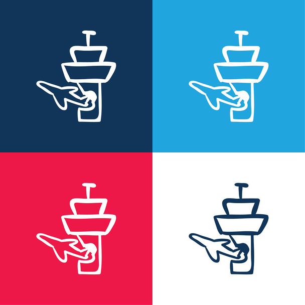 Airplane ve Airport Tower ana hatları mavi ve kırmızı en az dört renk simgesi - Vektör, Görsel
