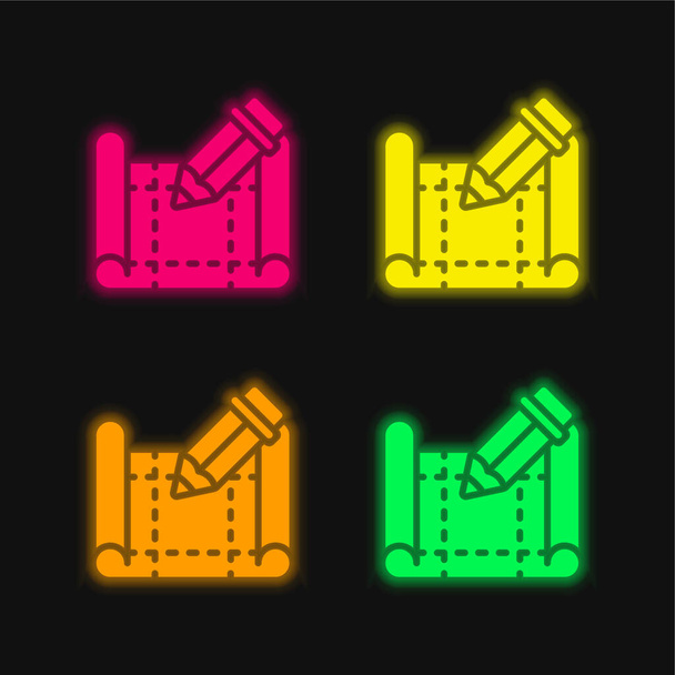Blauwdruk vier kleuren gloeiende neon vector icoon - Vector, afbeelding