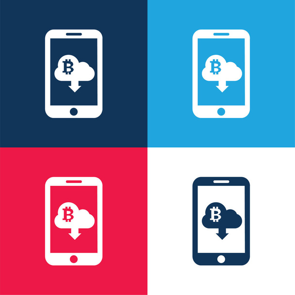 Bitcoin Sign On Cloud With Down Arrow Download Symbol On Cellphone Screen blue and red four color minimal icon set - Vector, Image