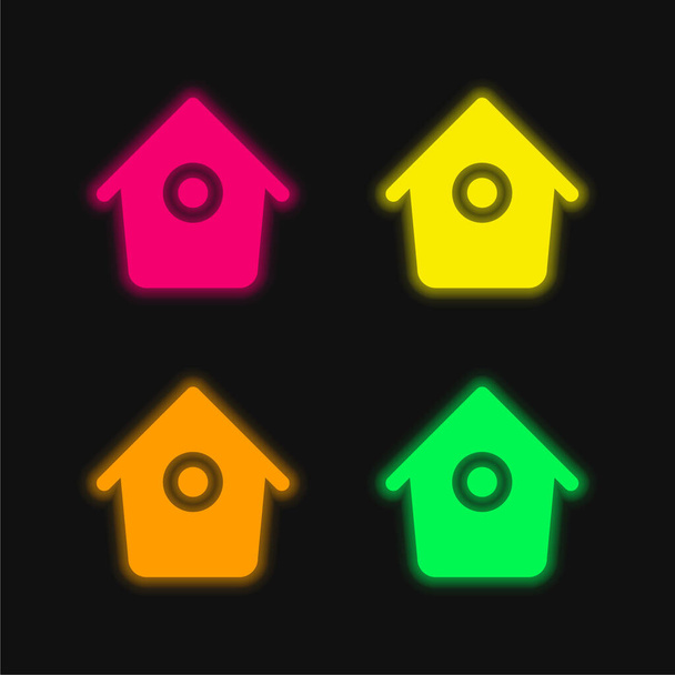 Vogelhuis met kleine ronde gat vier kleuren gloeiende neon vector pictogram - Vector, afbeelding