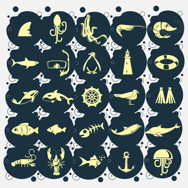 Морская икона с морскими животными, акулами, маской для акваланга, креветками. рыба, корабль, раки, дельфин, кит, косатка, медуза - Вектор,изображение
