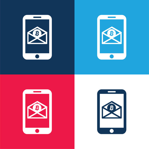 Bitcoin Email por telefone móvel azul e vermelho quatro cores conjunto de ícones mínimos - Vetor, Imagem