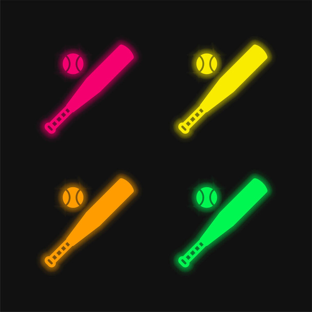 Honkbal vier kleuren gloeiende neon vector pictogram - Vector, afbeelding