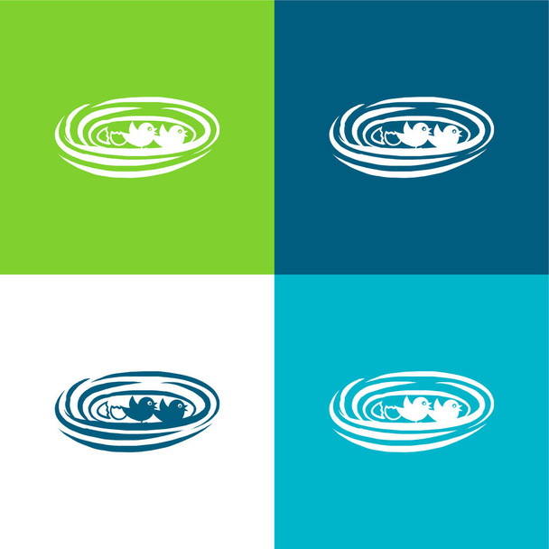 Birds In Nest Flat four color minimal icon set - Vector, Image