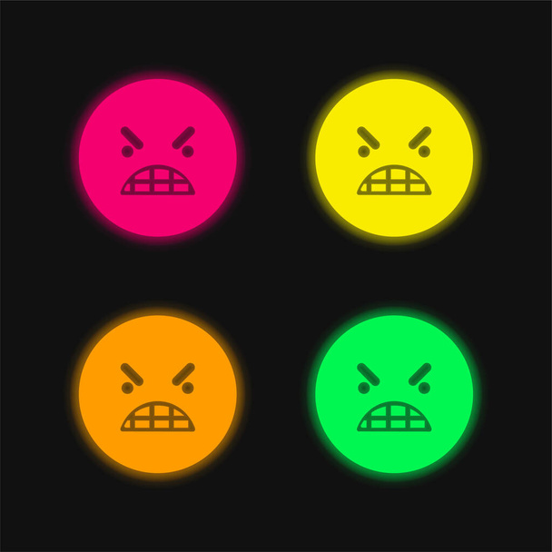 Anger Emoticon Square Face neljä väriä hehkuva neon vektori kuvake - Vektori, kuva