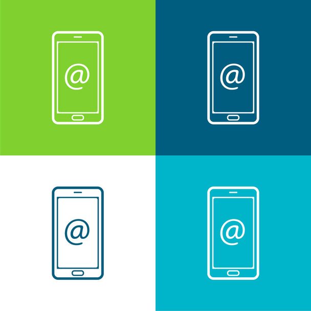 Arroba Sign On Mobile Phone Screen Επίπεδη οθόνη τεσσάρων χρωμάτων minimal icon set - Διάνυσμα, εικόνα