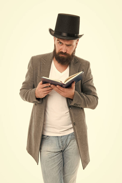 Artistic person. Talented artist. Bearded man read book isolated on white. Poetry reading. Inspirational book. Literature teacher. Books shop. Interesting story. Guy classic outfit read book - Фото, зображення