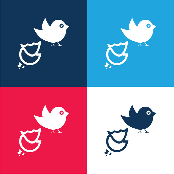 Pájaro negro y huevo roto azul y rojo conjunto de iconos mínimo de cuatro colores - Vector, Imagen