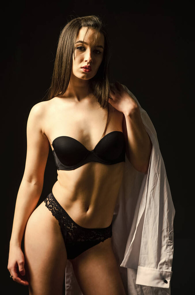 My body my rules. Sexy female. Beautiful girl with sexy look in lace underwear. Portrait of sexy woman. Girl wear bra. Body shapes. Sensual model in lingerie black background. Lingerie boutique - 写真・画像