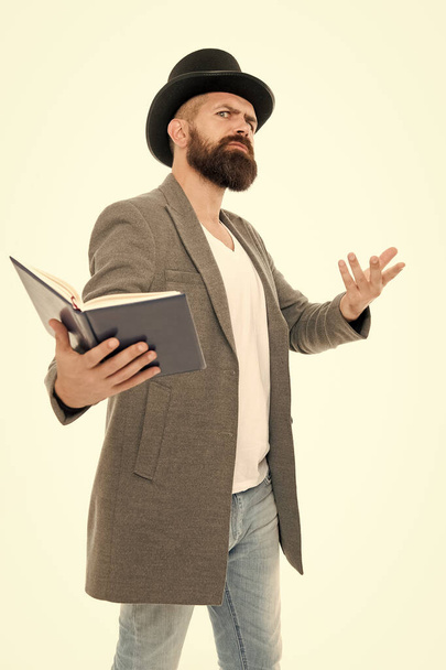Inspired bearded man read book. Poetry reading. Book presentation. Literature teacher. Books shop. Guy classic outfit read book. Literary criticism. Recite verses. Poet or writer. Author of novel - 写真・画像