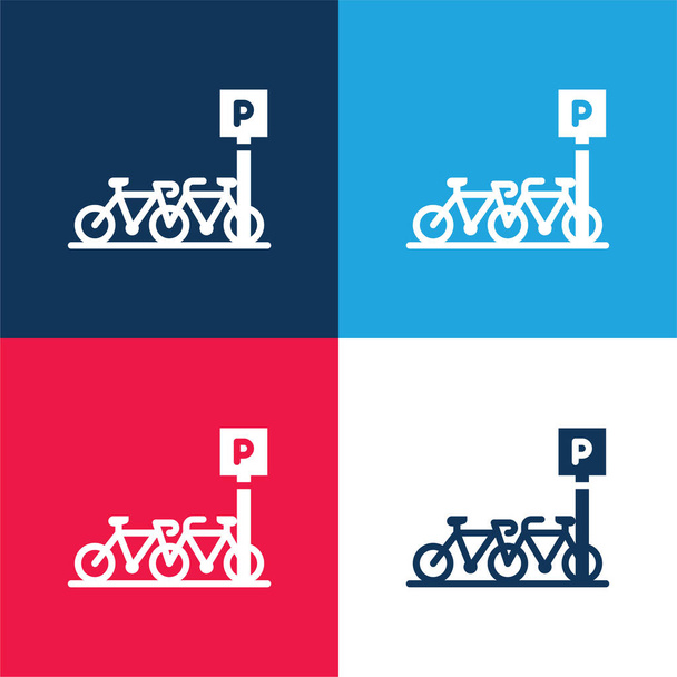 Estacionamiento de bicicletas azul y rojo de cuatro colores mínimo icono conjunto - Vector, Imagen
