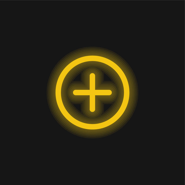 Voeg Circulaire Interface Knop geel gloeiende neon pictogram - Vector, afbeelding