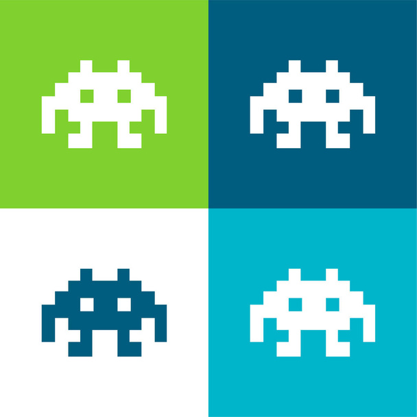 Alien Space Character Of Pixels For A Game Flat four color minimal icon set - Vector, Image