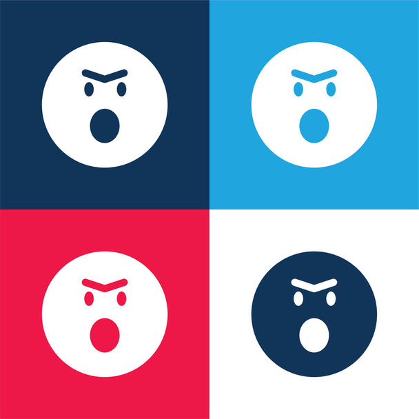 Dühös Emoticon Face nyitott szájú kerek tér vázlatos kék és piros négy szín minimális ikon készlet - Vektor, kép