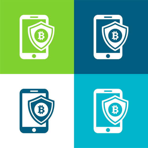 Bitcoin Mobile Phone Secure Shield Flat four color minimal icon set - Vector, Image